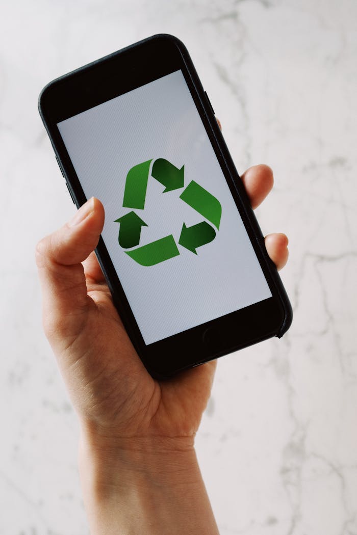 Hand holding smartphone displaying green recycling symbol on white screen, promoting sustainability.
